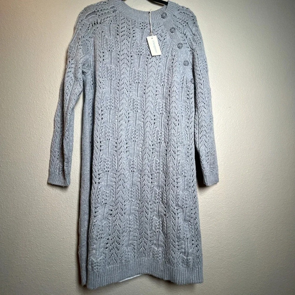 SUNDANCE Leah Mae Sweater Dress Size M Pointelle Knit Gray Long Sleeve - Picture 5 of 11